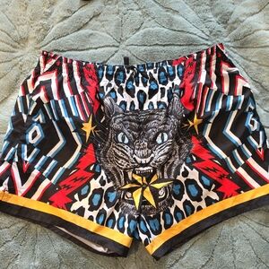 DSQUARED2 Red and Blue Swim Trunks with Bold Patterns
